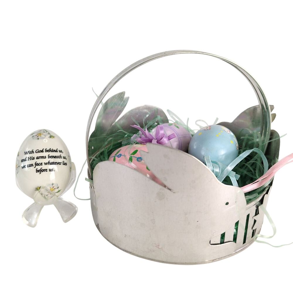 Vintage Easter Set Tin Bunny Basket w Hand Painted Eggs + The Egg Lady Porcelain - Picture 2 of 11